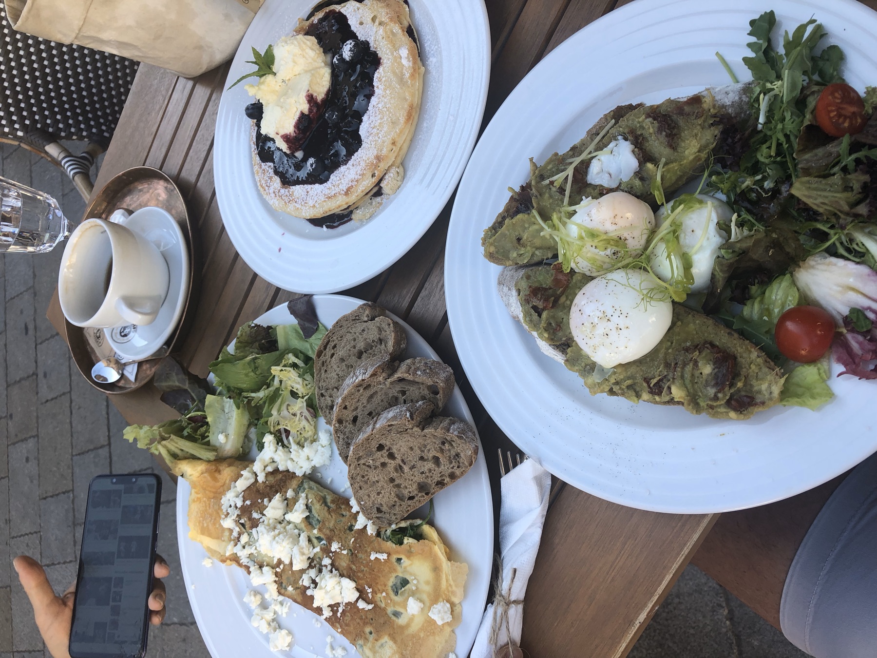 A table with coffee and two plates of breakfast